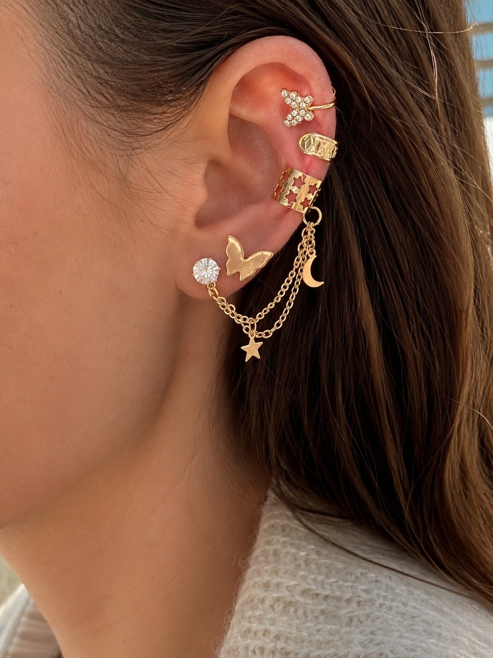 Gold Butterfly & Star Chain Ear Cuff Set - New